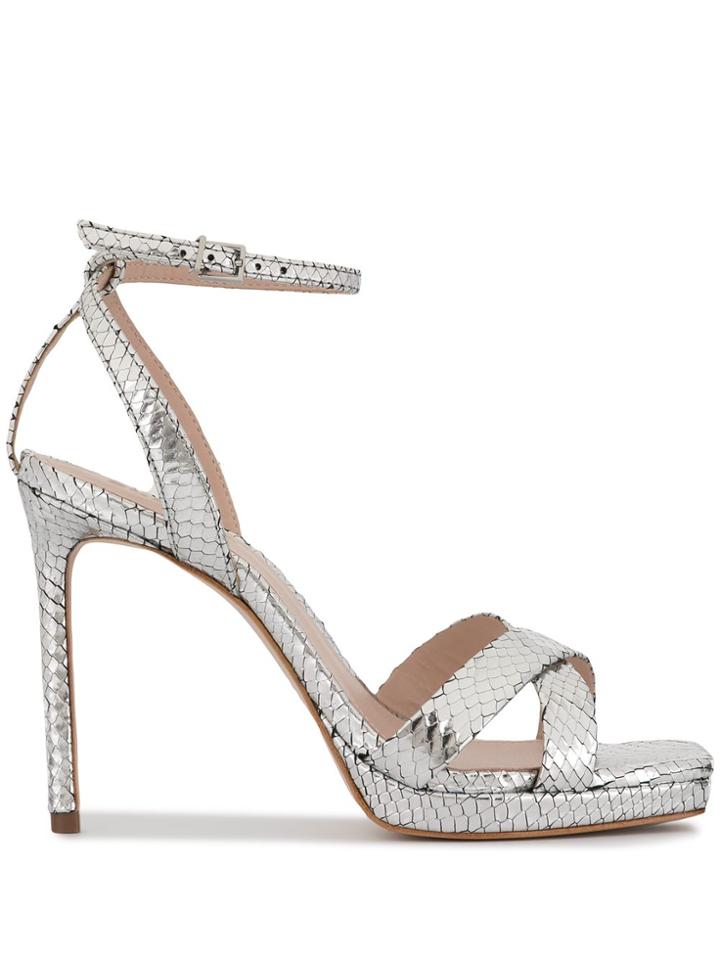 Schutz Metallic Snakeskin Effect Sandals - Silver