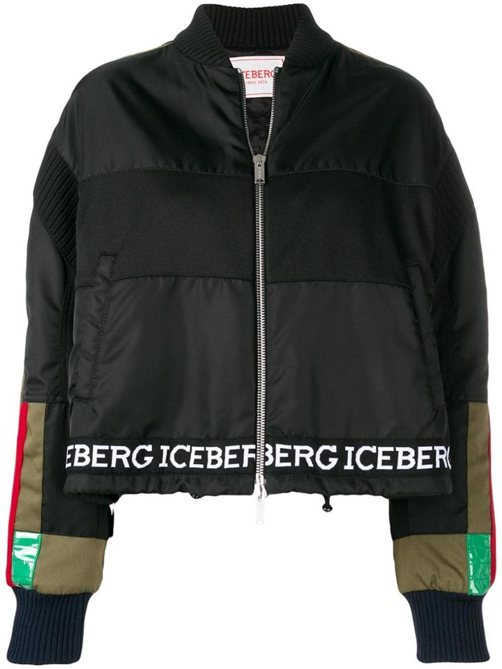 Iceberg Logo Stripe Bomber Jacket - Black