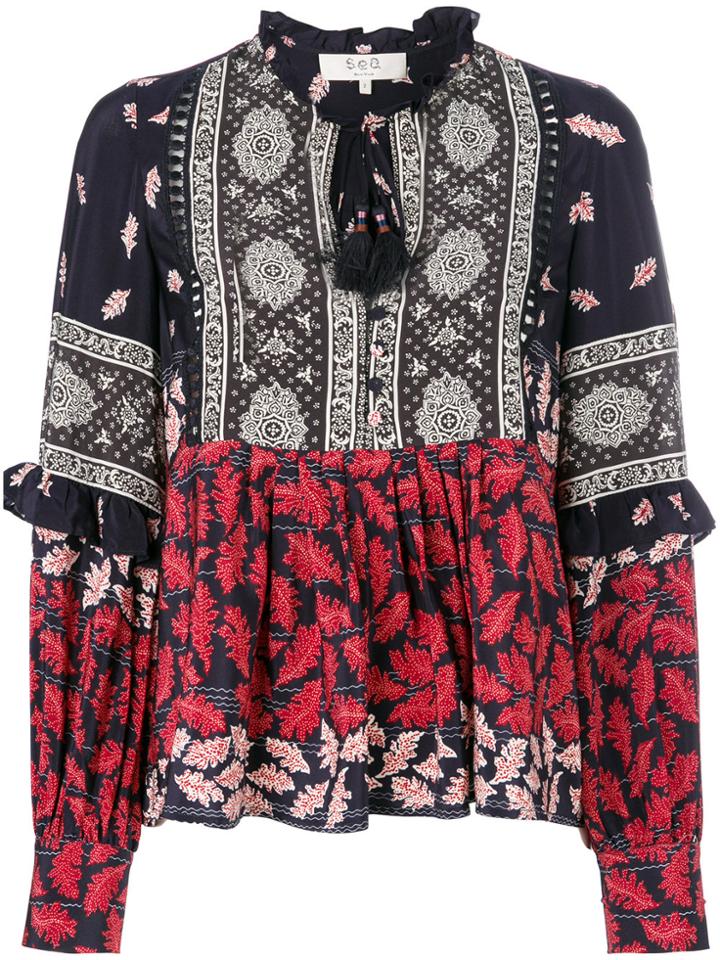 Sea Printed Flared Blouse - Blue