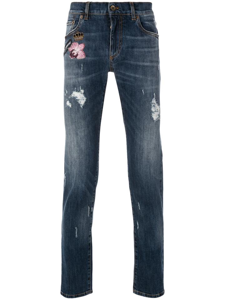 Dolce & Gabbana Distressed Slim Fit Jeans With Patches - Blue