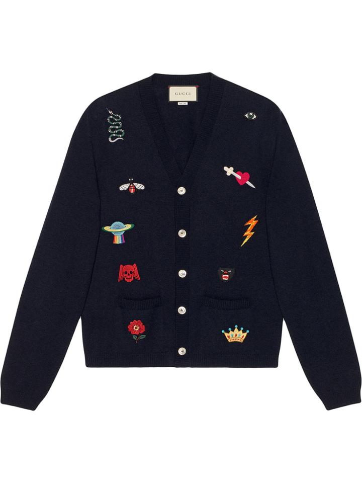 Gucci Embroidered Wool Knit Cardigan - Blue