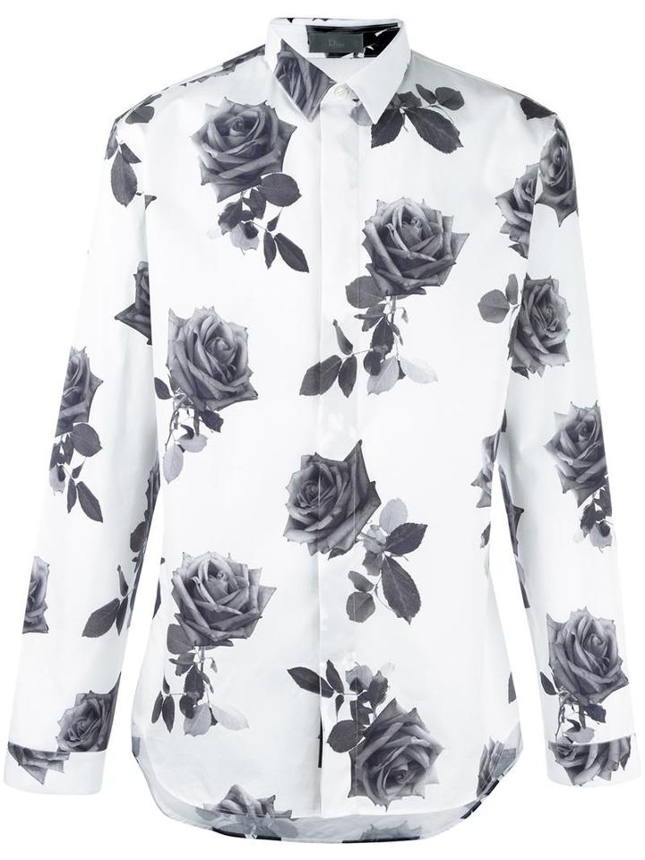 Dior Homme Rose Print Shirt, Men's, Size: 39, White, Cotton