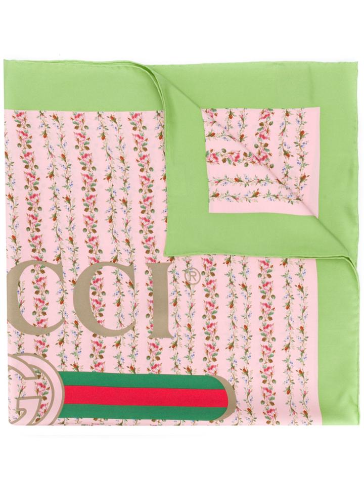 Gucci Gucci Logo Rose Print Silk Scarf - Pink & Purple
