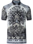 Dolce & Gabbana Peacock Print Polo Shirt, Men's, Size: 52, Grey, Cotton/calf Leather