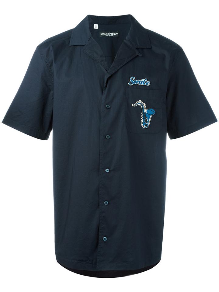 Dolce & Gabbana Smile & Saxophone Patch Shirt, Men's, Size: 39, Blue, Cotton/viscose/polyester/polyurethane