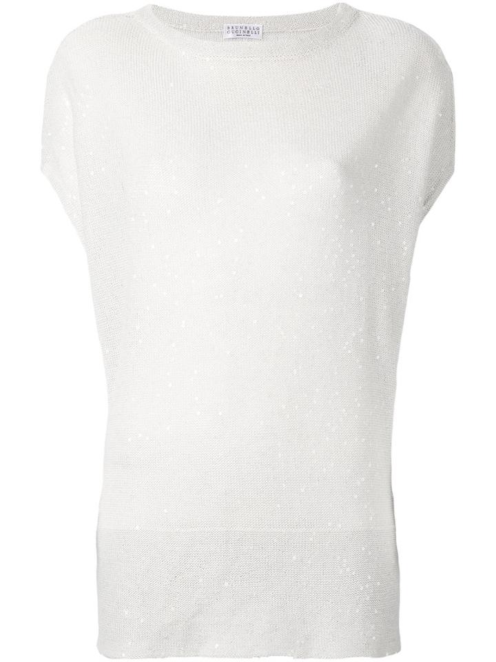 Brunello Cucinelli - Sequin Round Neck Top - Women - Silk/linen/flax - M, Nude/neutrals, Silk/linen/flax