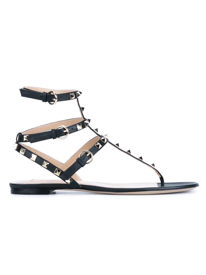 Valentino Rockstud Sandals, Women's, Size: 39.5, Black, Goat Skin