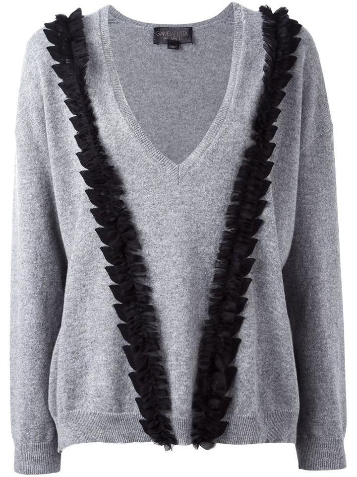 Giambattista Valli V-neck Ruffled Detailing Jumper, Women's, Size: 48, Grey, Silk/polyester/cashmere