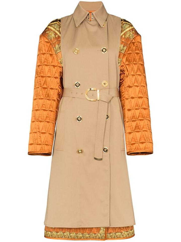 Versace Quilted Sleeve Baroque Trench Coat - Brown