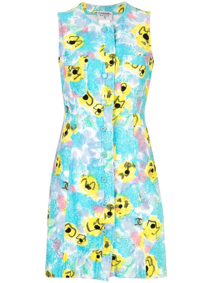 Chanel Vintage Floral Print Dress - Blue
