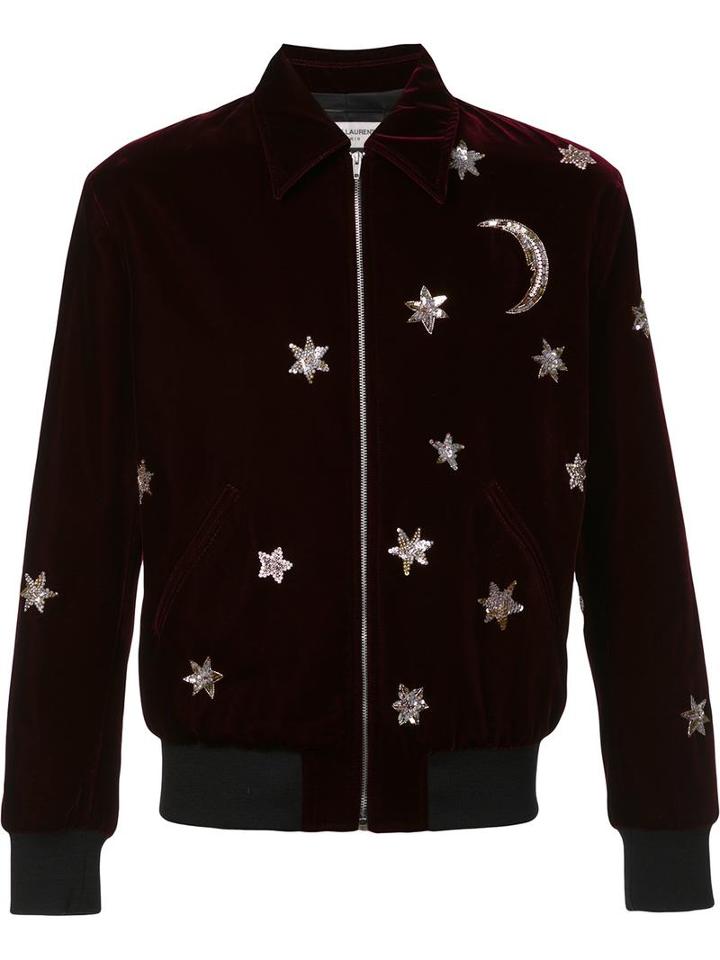 Saint Laurent Star And Moon Embellished Bomber Jacket, Men's, Size: 52, Red, Cotton/cupro/viscose