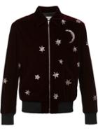 Saint Laurent Star And Moon Embellished Bomber Jacket, Men's, Size: 52, Red, Cotton/cupro/viscose