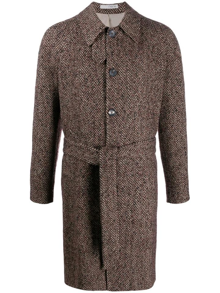 0909 Belted Chevron Coat - Brown