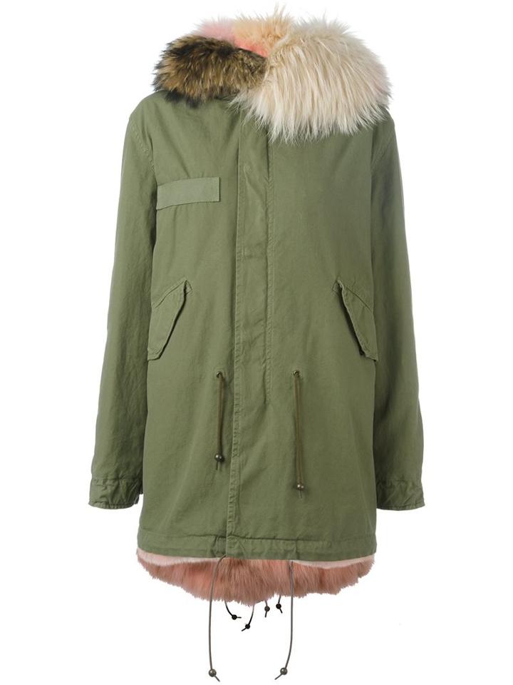 Mr & Mrs Italy Contrast Hood Parka Coat, Women's, Size: Small, Green, Cotton/fox Fur/leather/viscose