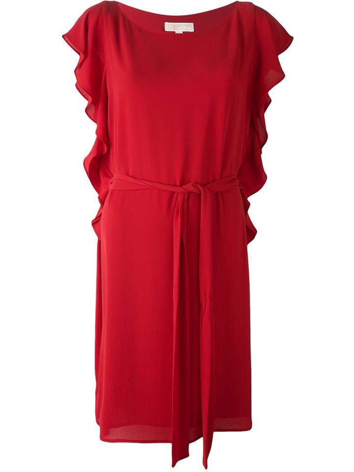 Michael Michael Kors Ruffle Sleeve Belted Dress, Women's, Size: Xl, Red, Polyester/spandex/elastane