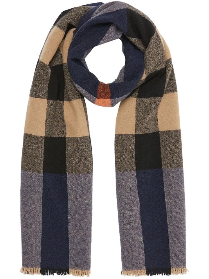 Burberry Fringed Check Wool Cashmere Scarf - Blue