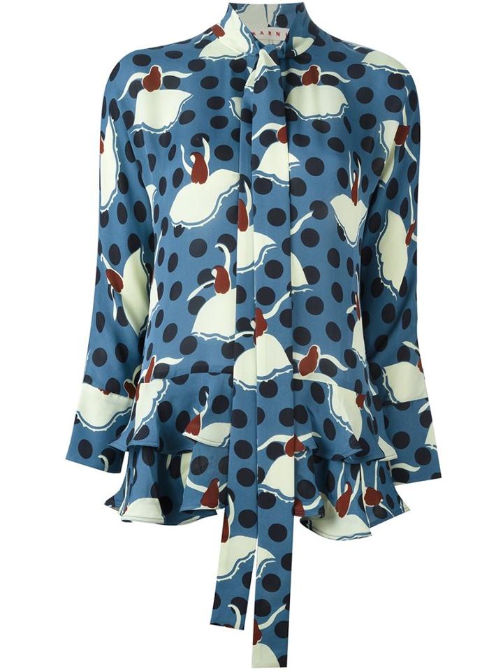 Marni Dancer Print Pussybow Blouse, Women's, Size: 36, Blue, Silk