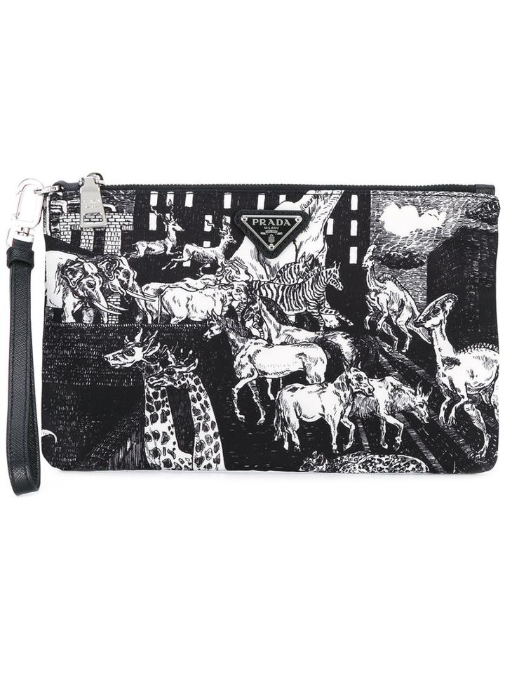 Prada Zoo Print Clutch, Men's, Black, Nylon