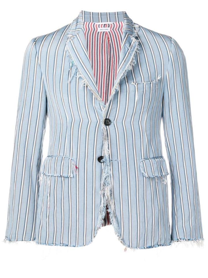 Thom Browne Distressed Tricolor Stripe Sport Coat - Blue