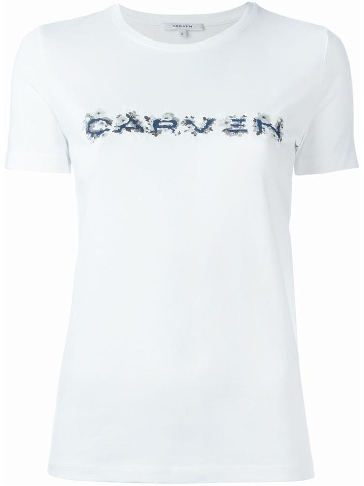 Carven Floral Logo Print T-shirt, Women's, Size: Small, White, Cotton
