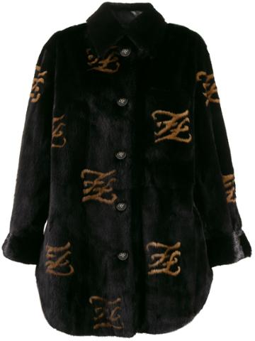 Fendi Ff Motif Furry Coat - Black