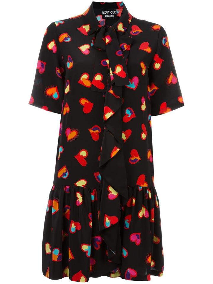 Boutique Moschino Heart Print Shirt Dress, Women's, Size: 42, Black, Silk/polyester