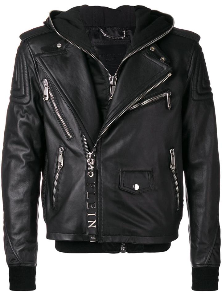 Philipp Plein Layered Hoodie Biker Jacket - Black