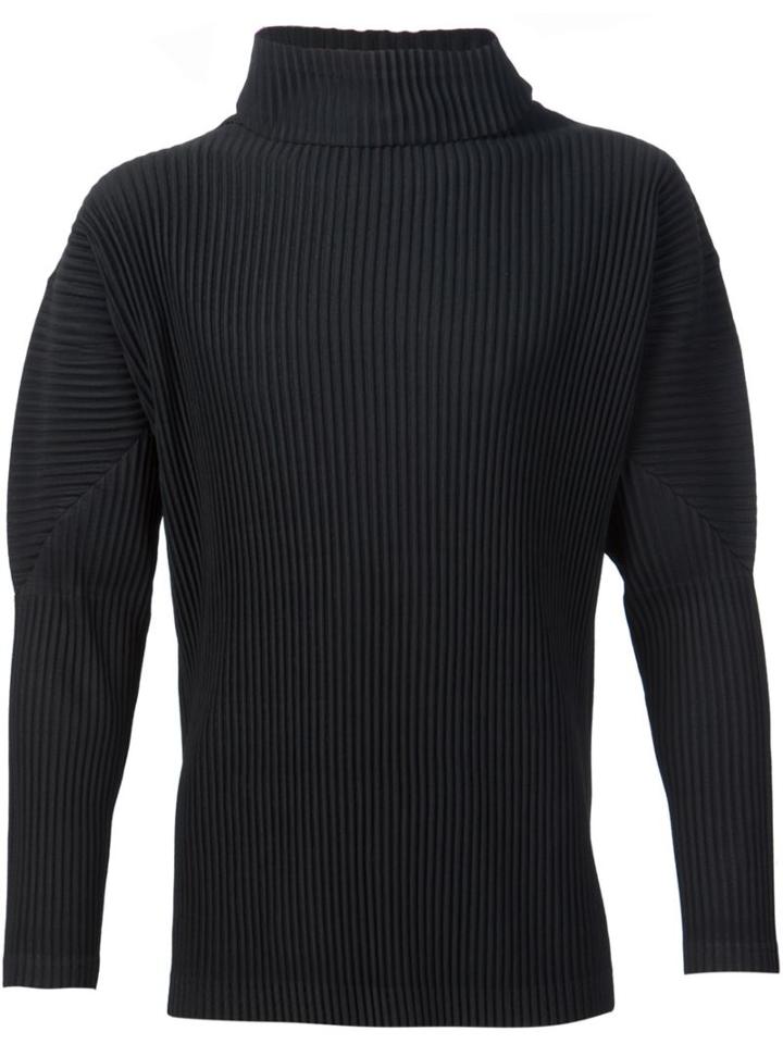 Homme Plissé Issey Miyake Ribbed Roll Neck T-shirt, Men's, Size: 2, Black, Polyester