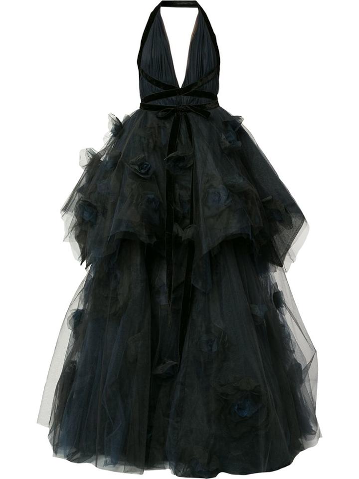 Marchesa Deep V Layered Tulle Evening Gown - Blue