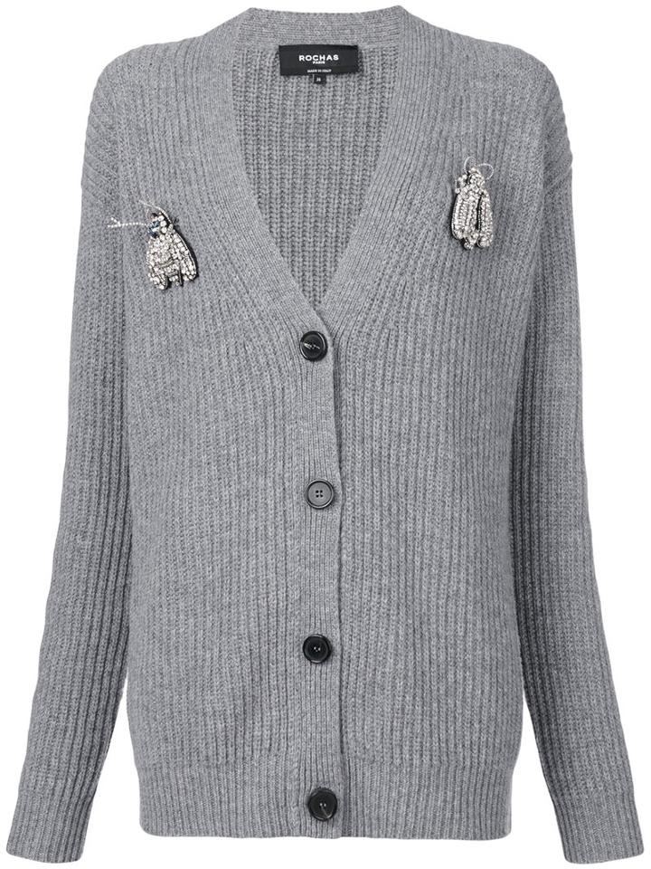 Rochas - Ribbed V-neck Cardigan - Women - Virgin Wool - 38, Grey, Virgin Wool