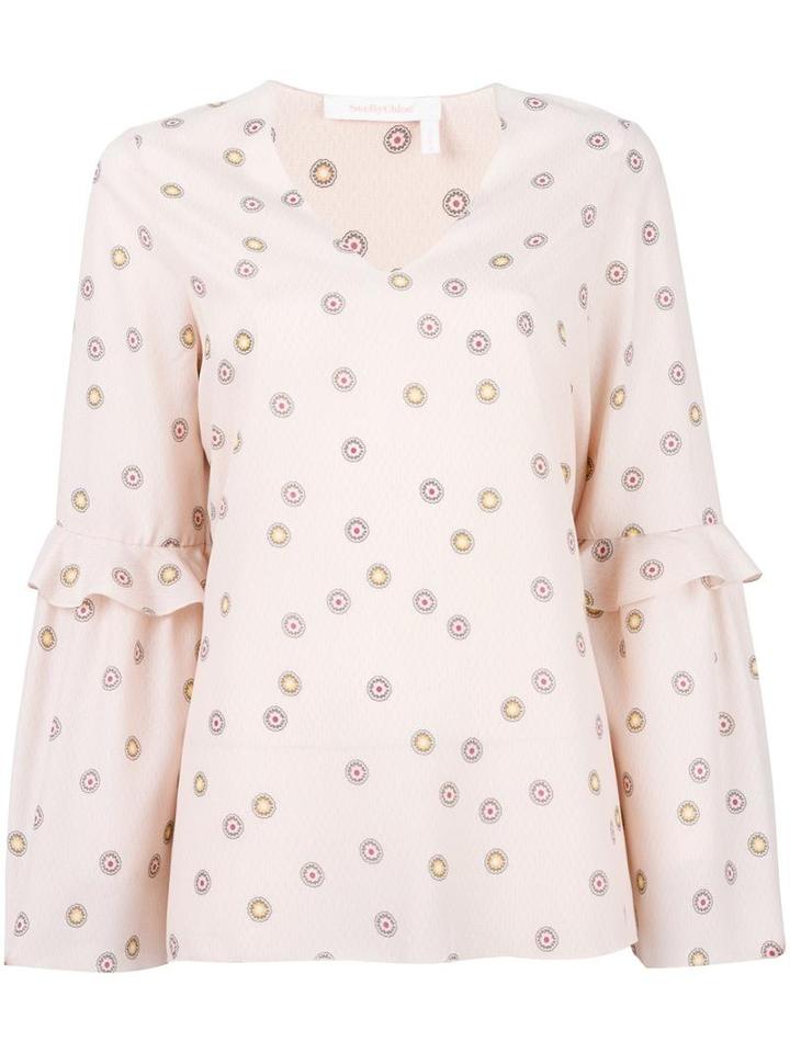 See By Chloé Printed Ruffle Trim Blouse, Women's, Size: 38, Pink/purple, Silk/viscose