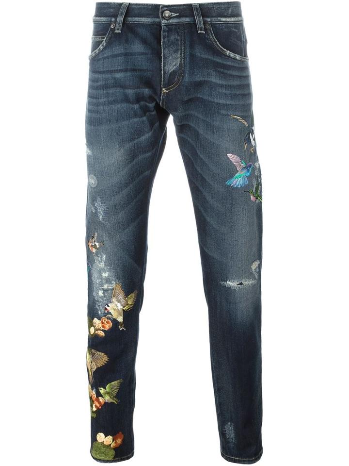Dolce & Gabbana Embroidered Bird Jeans, Men's, Size: 52, Blue, Cotton
