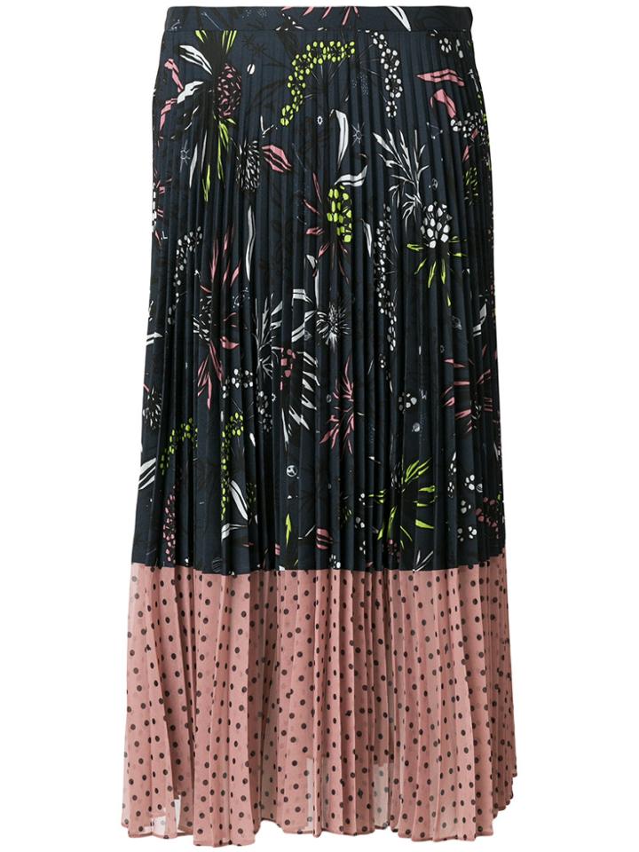 Markus Lupfer Polka Dotted And Floral Printed Pleated Skirt - Blue