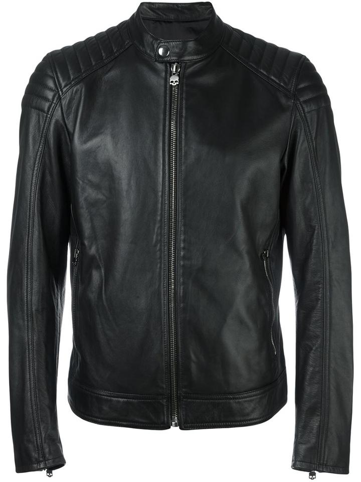 Hydrogen Zipped Leather Jacket, Men's, Size: Large, Black, Leather/viscose