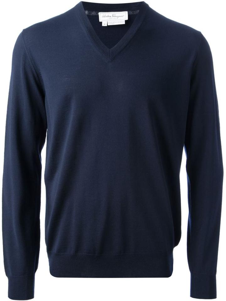 Salvatore Ferragamo Classic V-neck Sweater, Men's, Size: Xl, Blue, Wool