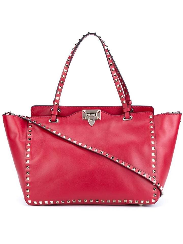 Valentino Garavani Rockstud Trapeze Tote, Women's, Red, Cotton/calf Leather