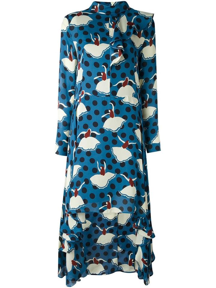 Marni Flower Print Asymmetric Dress, Women's, Size: 40, Blue, Silk