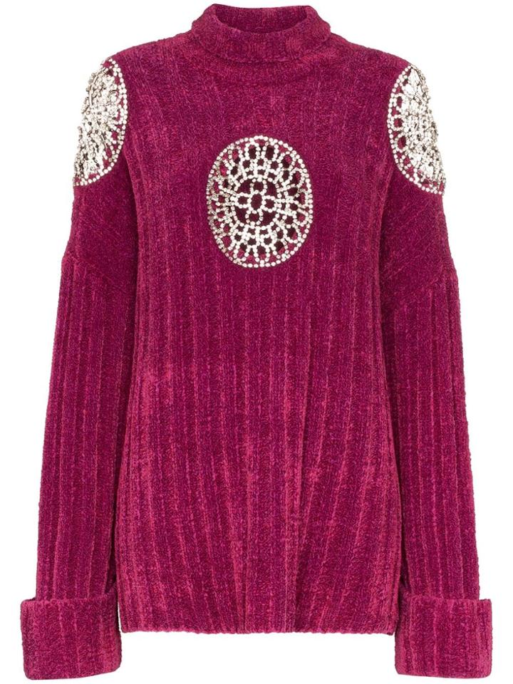 Area Embellished Cut-out Turtle Neck Sweater - Purple