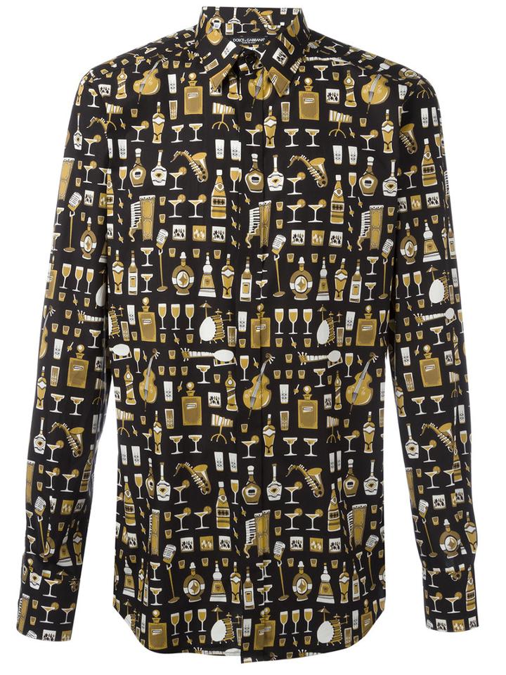 Dolce & Gabbana Musical Instrument Print Shirt, Men's, Size: 38, Black, Cotton