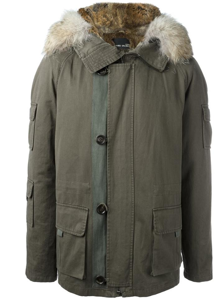 Yves Salomon Homme Collar Trimmed Zip Up Parka Coat, Adult Unisex, Size: 52, Green, Rabbit Fur/acrylic/polyester/coyote Fur