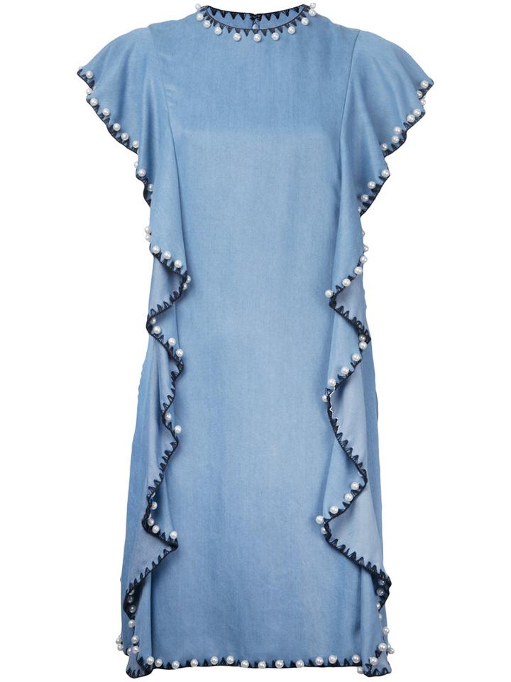 Huishan Zhang - Embellished Ruffle Dress - Women - Cotton - 10, Blue, Cotton