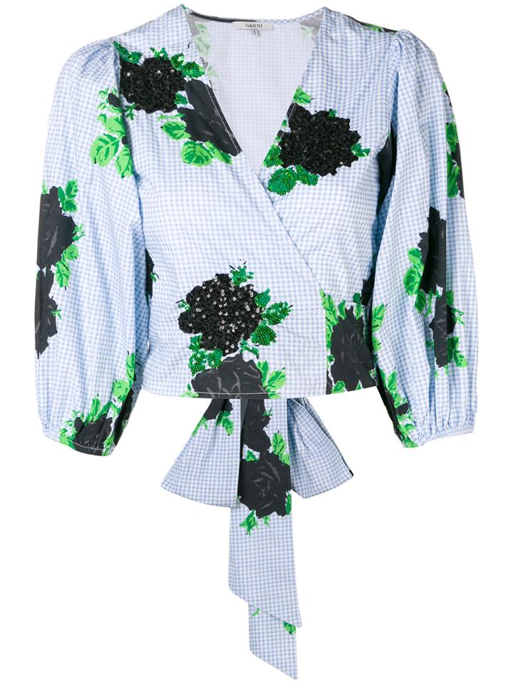 Ganni Sequin Floral Wrap Blouse - Blue