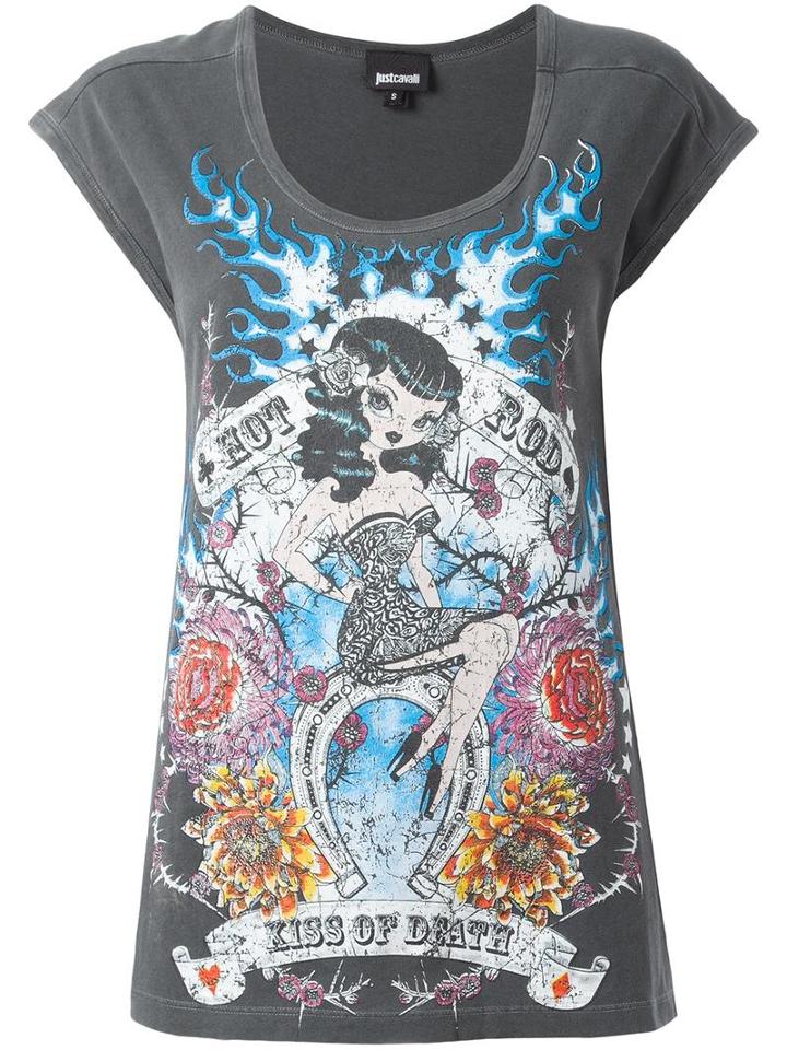 Just Cavalli Pin-up Print T-shirt, Women's, Size: Xs, Grey, Cotton