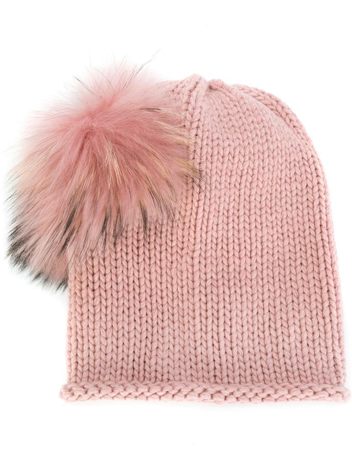 Inverni Pompom Trim Hat - Pink & Purple
