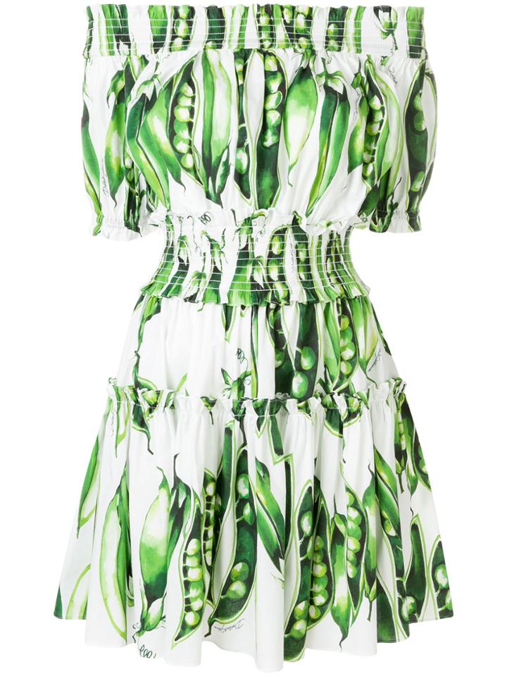 Dolce & Gabbana Pea Print Off The Shoulder Dress - Green