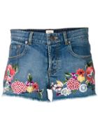 Alice+olivia Floral Embroidered Denim Shorts - Blue