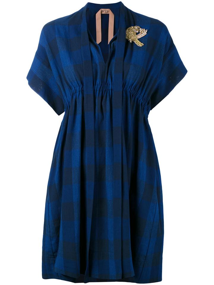 No21 - Bird Patch-embellished Plaid Dress - Women - Cotton/linen/flax - 42, Blue, Cotton/linen/flax