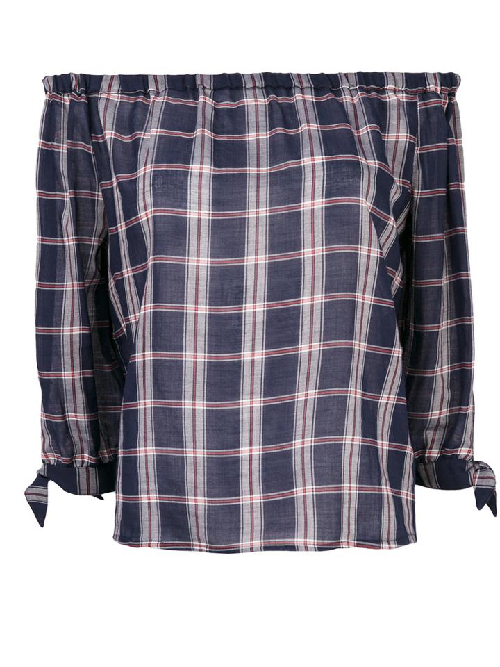 Paige - Checked Off-shoulders Blouse - Women - Cotton - M, Blue, Cotton