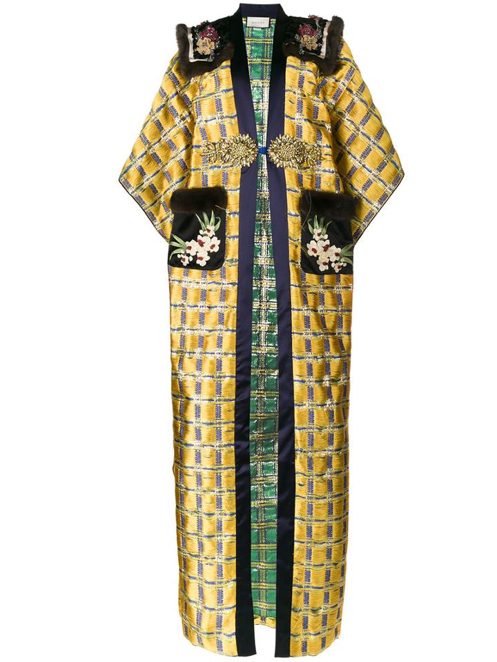 Gucci - Floral Embroidered Kimono Coat - Women - Silk/mink Fur/polyester/metallized Polyester - 40, Yellow/orange, Silk/mink Fur/polyester/metallized Polyester