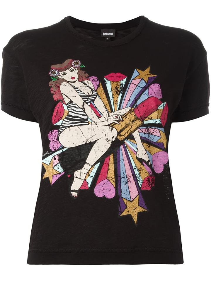 Just Cavalli 'pin Up' Print T-shirt, Women's, Size: Large, Black, Cotton/polyester/viscose